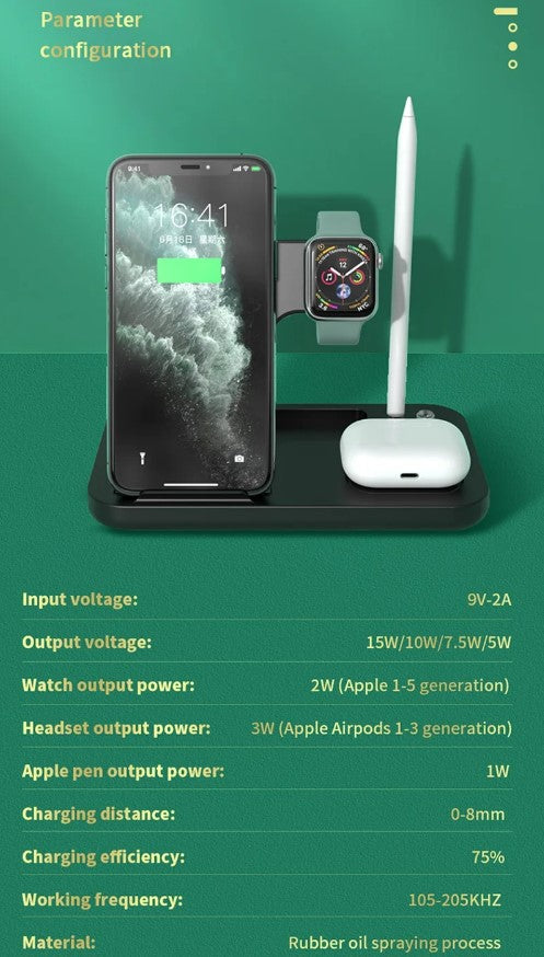 15W Fast Charge 4 In 1 QI Wireless Charger Dock Station - White